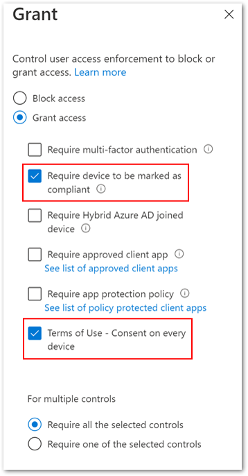Example screenshot of configuring both the "Require device to be marked as compliant" and "Terms of Use" policies under the Grant control