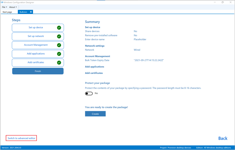 Figure 13: Final WCD screen, ready to create package