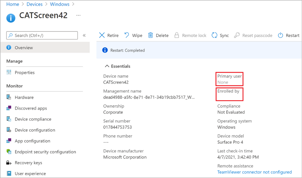 Figure 29: Primary user and Enrolled by are intentionally empty