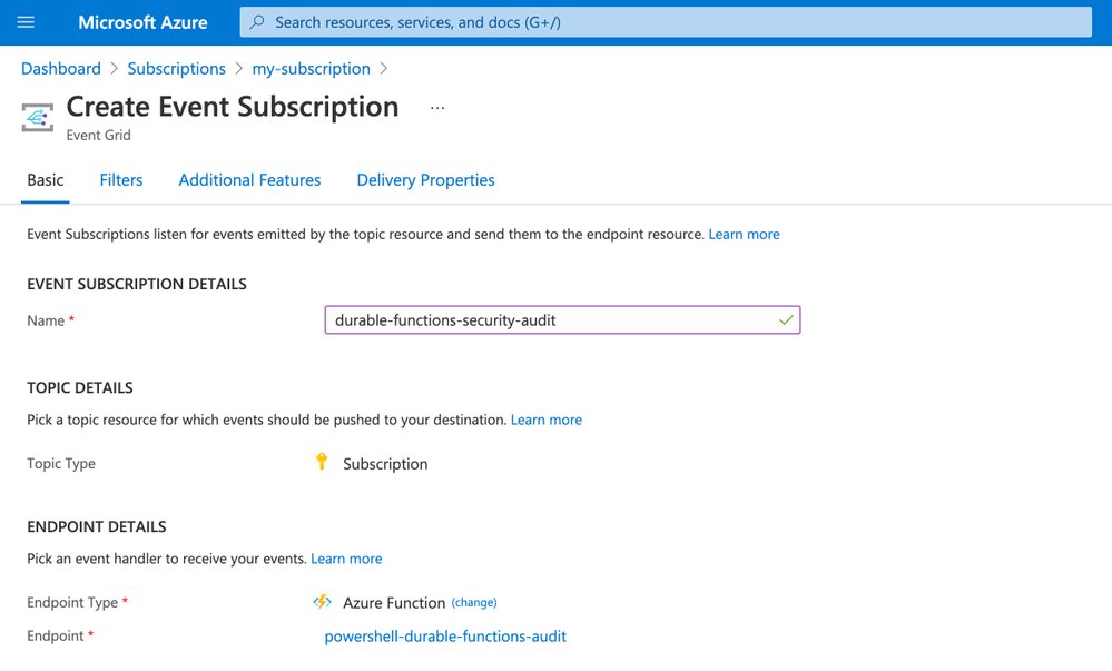 Create an Azure Event Grid subscription that invokes a PowerShell Durable Function