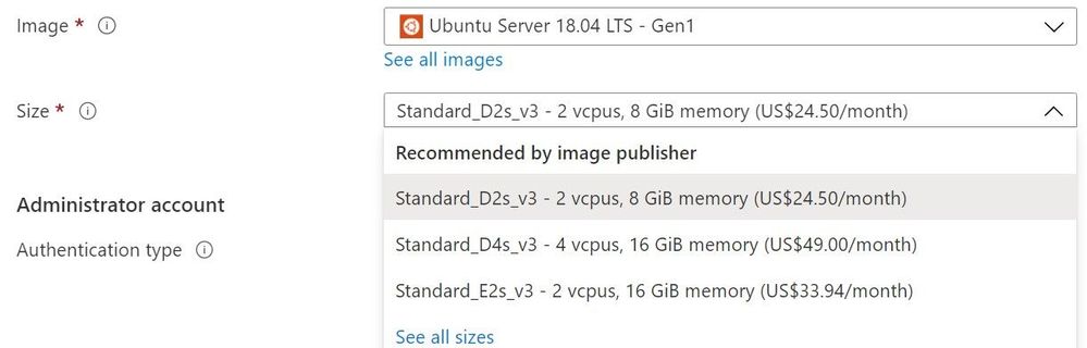 Azure portal showing recommended sizes for the selected image
