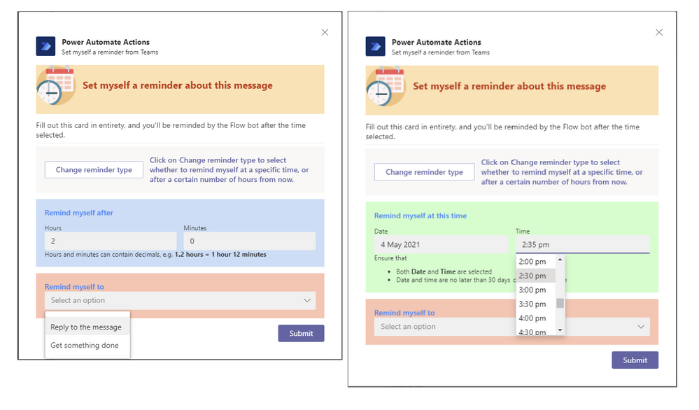 The reminder setting card can accept an hour/minute offset or absolute time as input