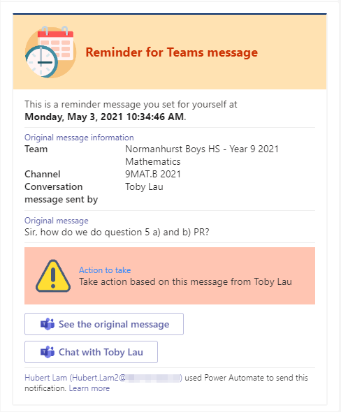 The reminder card itself, with links to the original message and chat with message author