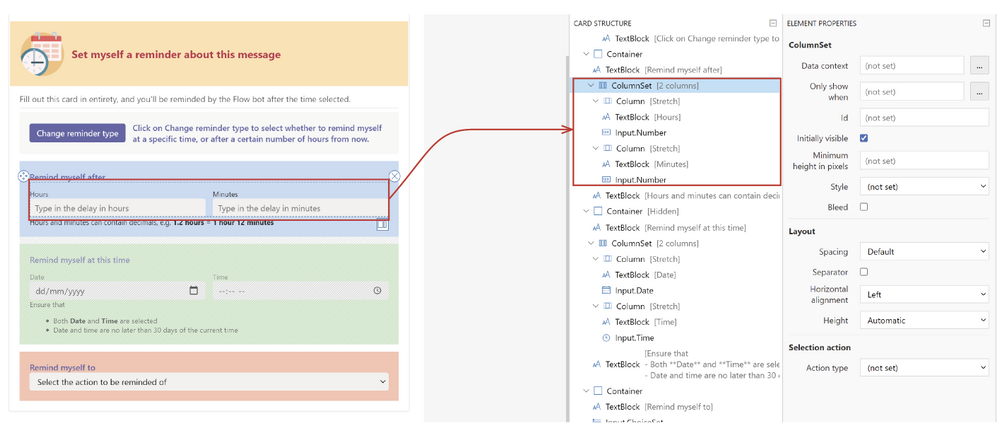 Use the ColumnSet to place fields and labels (as TextBlock) adjacent to each other