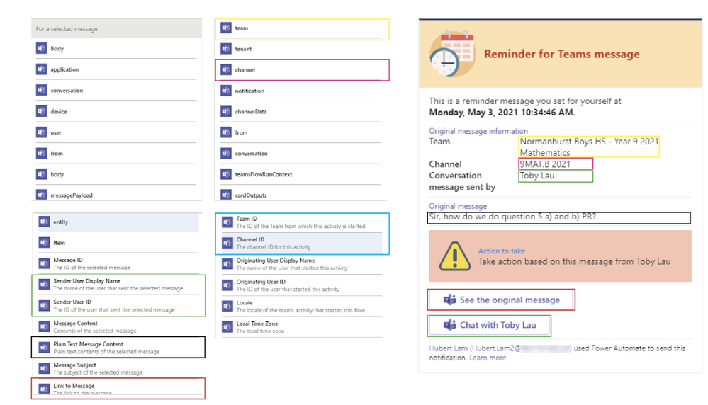 For a selected (Teams) message provides a lot of useful dynamic content