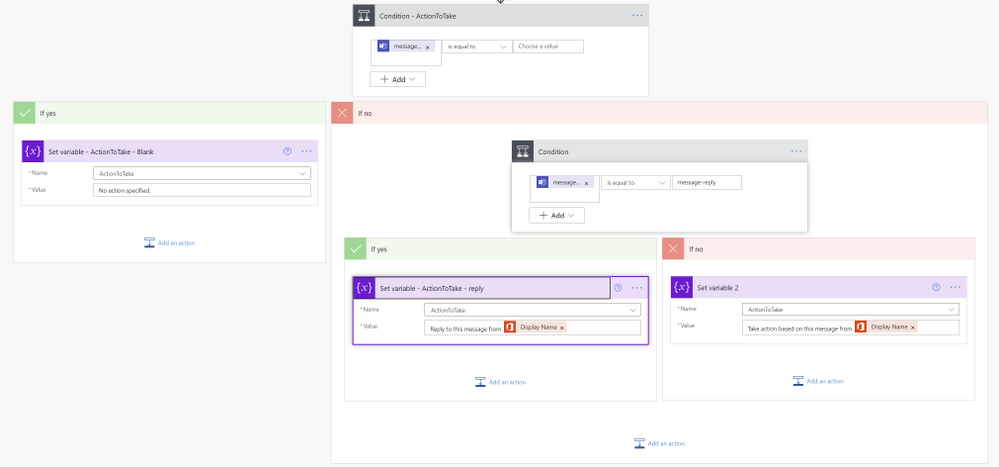 Checking whether the ActionToTake choice has been set, and building the adaptive card brick to suit the input