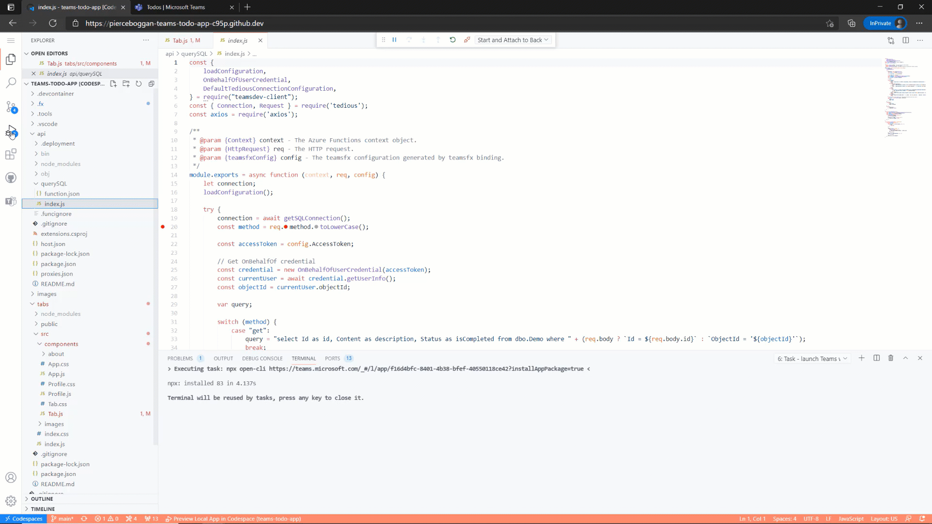 GIF showcasing Azure Functions for debugging