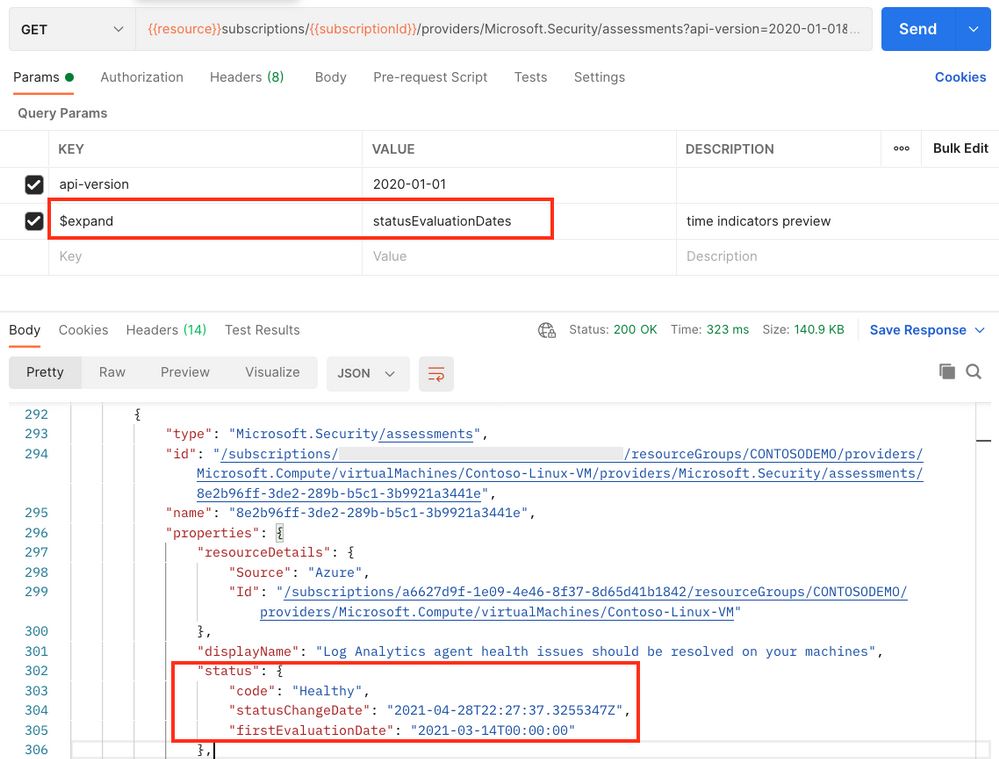 Postman result when requesting information from the microsoft.security/assessments API provider