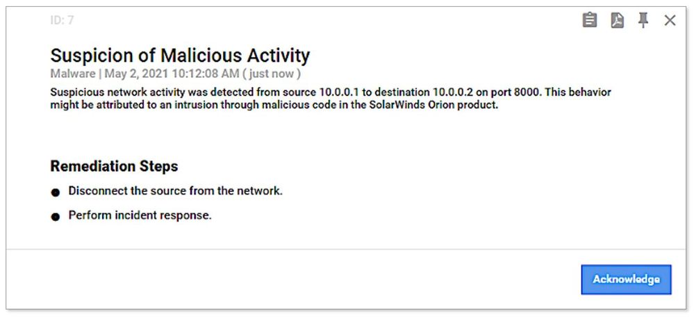 Example of SolarWinds threat alert generated from threat intelligence information