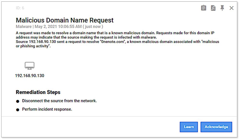 Example of malicious DNS request alert generated from threat intelligence information