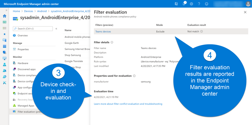 Microsoft Endpoint Manager admin center Android compliance policy filter evaluation.png