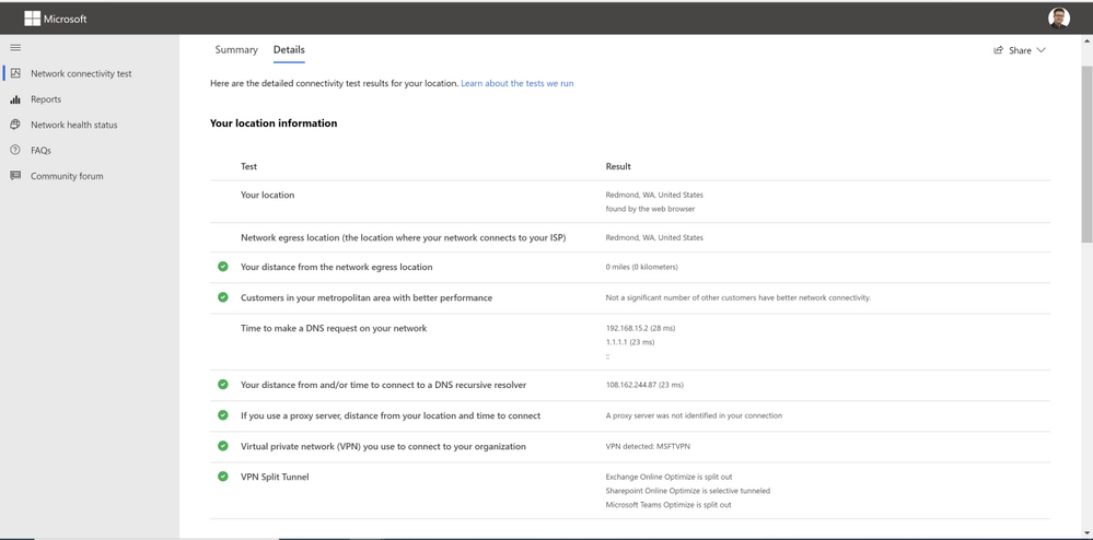 Details results tab for Microsoft 365 network connectivity test tool