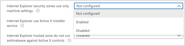 Screenshot of a Windows 10 Security Baseline with the "Internet Explorer security zones use only machine settings" setting shown.