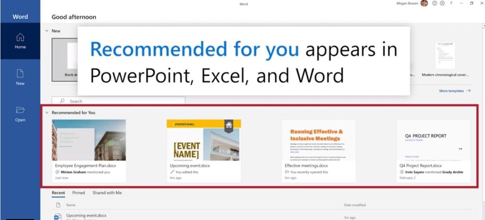 View Recommended for you file in the backstage of Word on Windows.