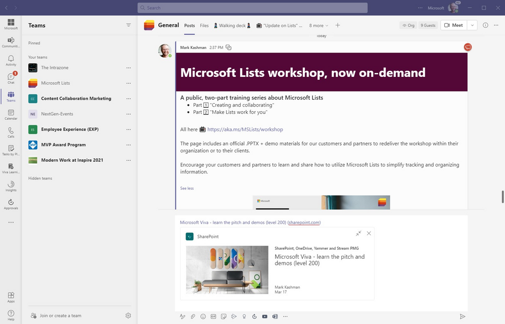 The example “Microsoft Viva – learn the pitch and demos (level 200” SharePoint page URL, after pasting it to the bottom of this chat, renders a preview of the page graphic, title, author and publish date.