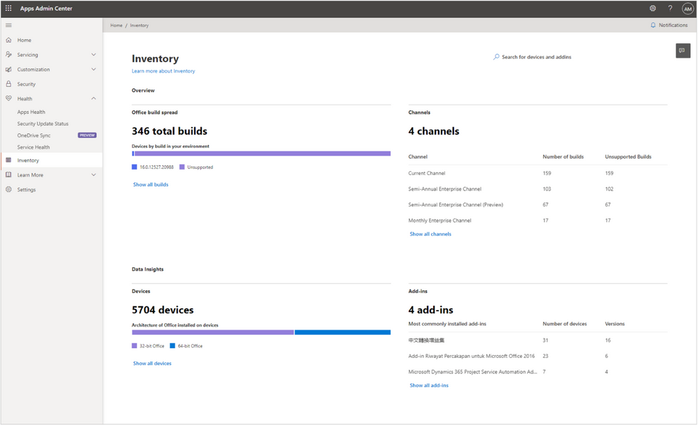 Inventory on Microsoft 365 Apps admin center goes GA!