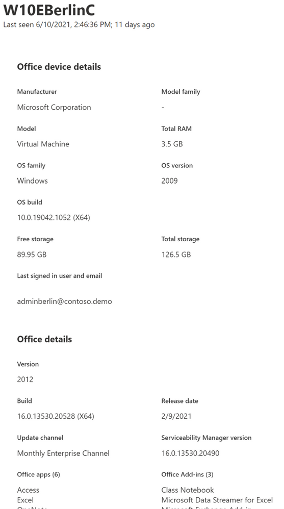 Detail pane of a devices, showing device name, memory, installed version of Windows and Office and more