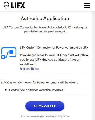 The LIFX Authorise Application box