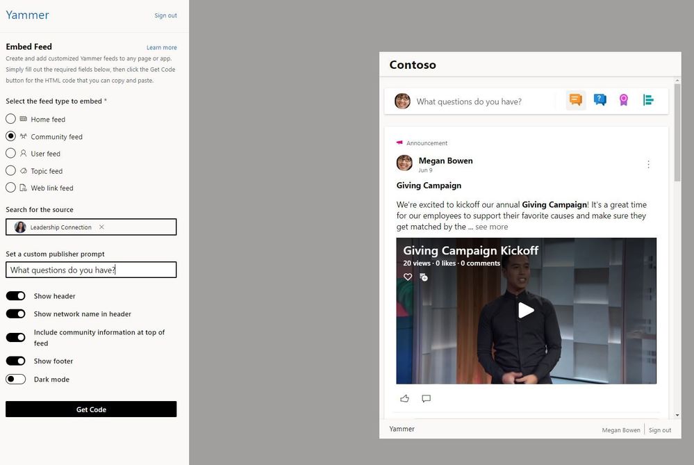 Yammer Embed get code.JPG