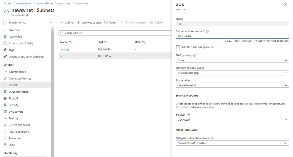 Azure Data Explorer and subnet delegation