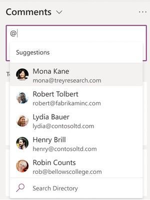 In the list item’s Comments box, type @ and a name, then pick the name you want.