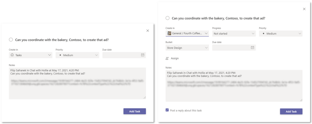 Task editing options for adding your task to the To Do Tasks list (left) and a Planner plan (right)