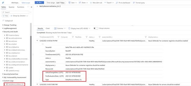 Example Custom log created in the Log analytics workspace