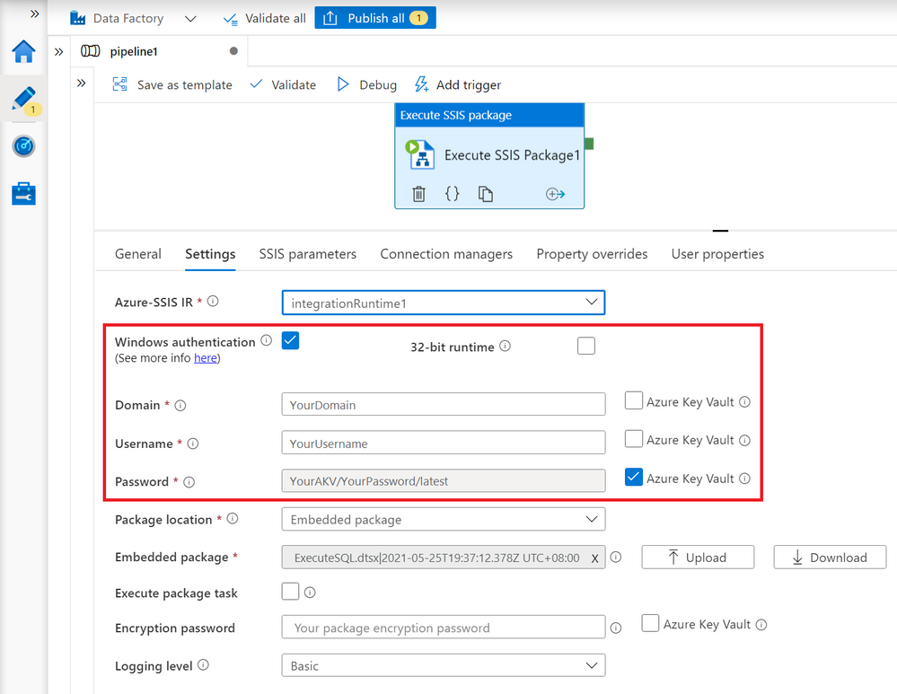 run-sql-ssis-activity-settings-windows-authentication.png