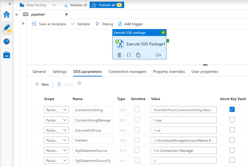 run-sql-ssis-activity-ssis-parameters-azure-files.png