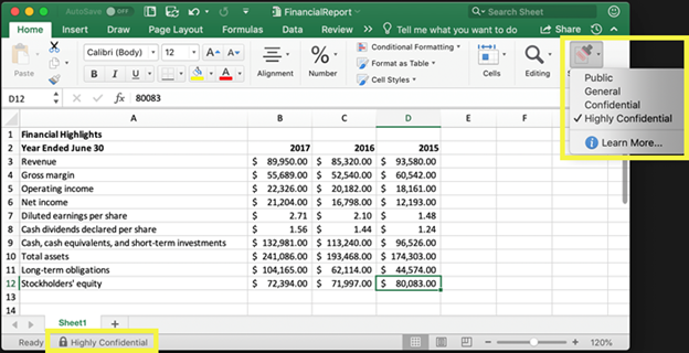 Example of a Highly Confidential sensitivity label applied to an Excel file