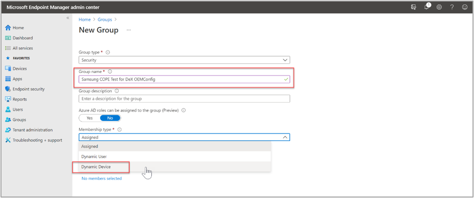 Example dynamic device group for DeX devices.