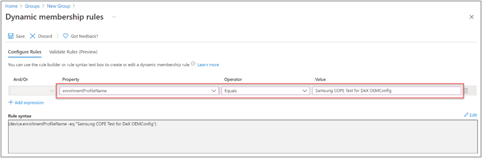 Example dynamic device query for the "Samsung COPE Test for DeX OEMConfig" profile.