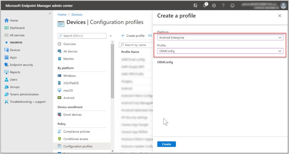 Creating a new Android Enterprise OEMConfig configuration policy.