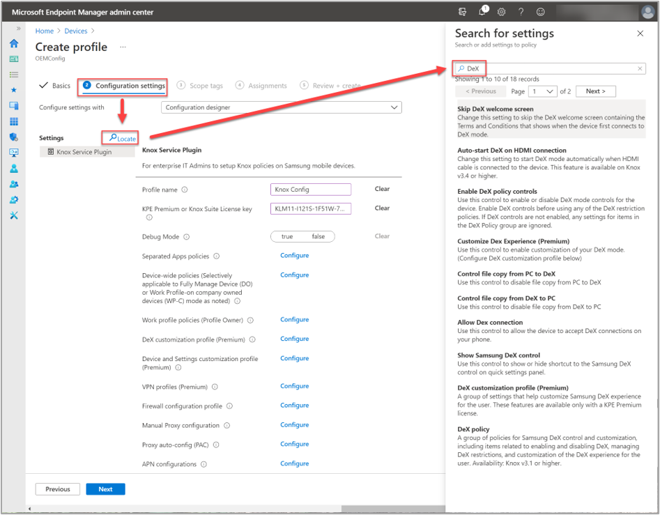 Clicking on the "Locate" search link to show all available DeX settings.