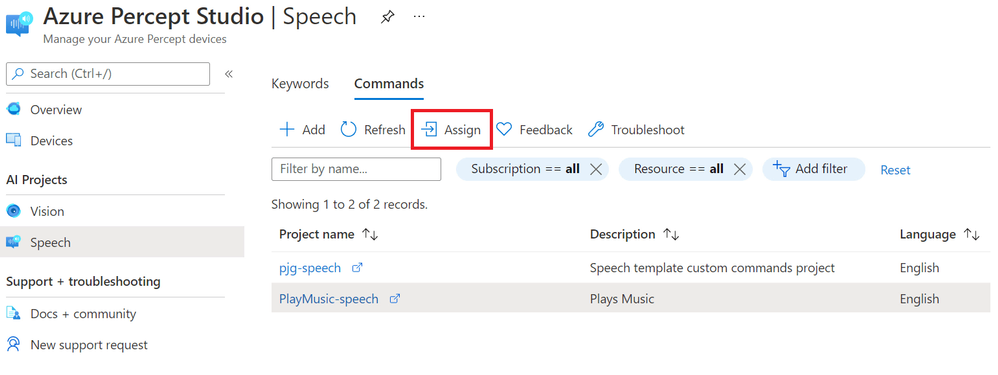 AzurePerceptStudio-AssignCommand