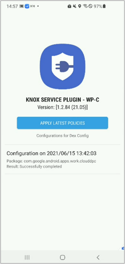Screenshot of the Knox Service Plugin in Debug Mode on a DeX device.
