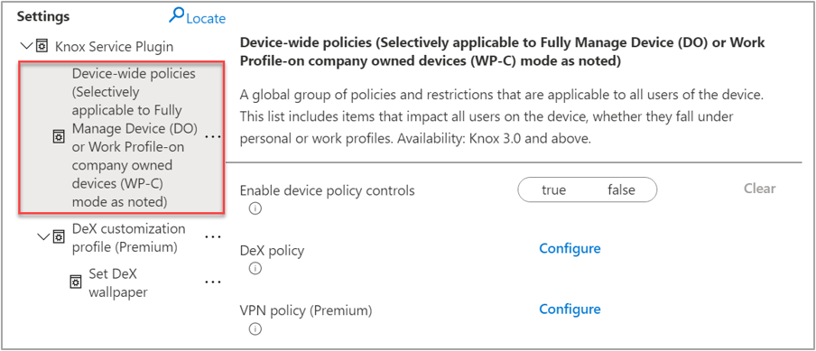 Screenshot of an sample OEMConfig and highlighted example of the "Device-wide policies" that can be targeted to DeX devices.