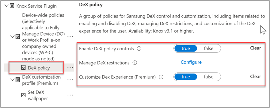 Screenshot of an sample OEMConfig and an expanded "DeX policy" section to find device-wide policies.