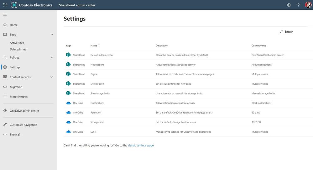 Modernized OneDrive settings in the SharePoint admin center