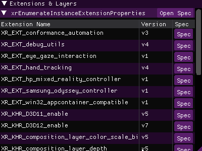OpenXR Explorer's extension view, with links to the spec