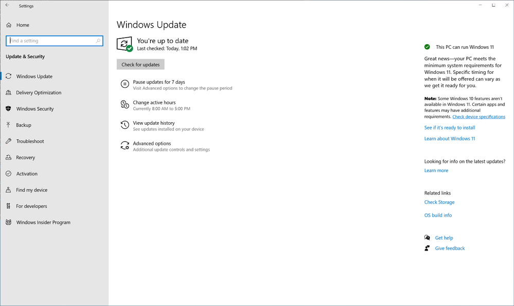 The Windows Update view in Settings, showing as up to date