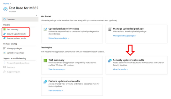 Locating test summaries and security update test results in Test Base for Microsoft 365
