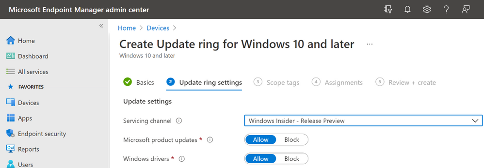 Setting Servicing channel to Windows Insider - Release Preview