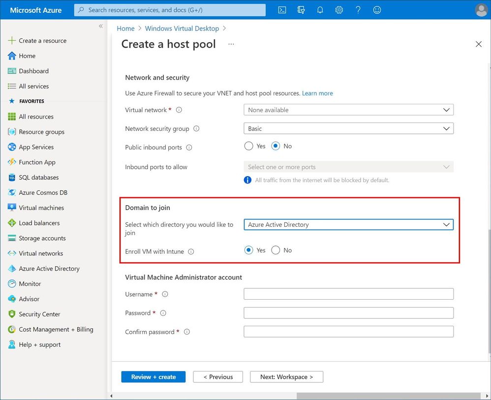 Azure portal showing the new Azure AD and Intune options for Azure Virtual Desktop host pools.