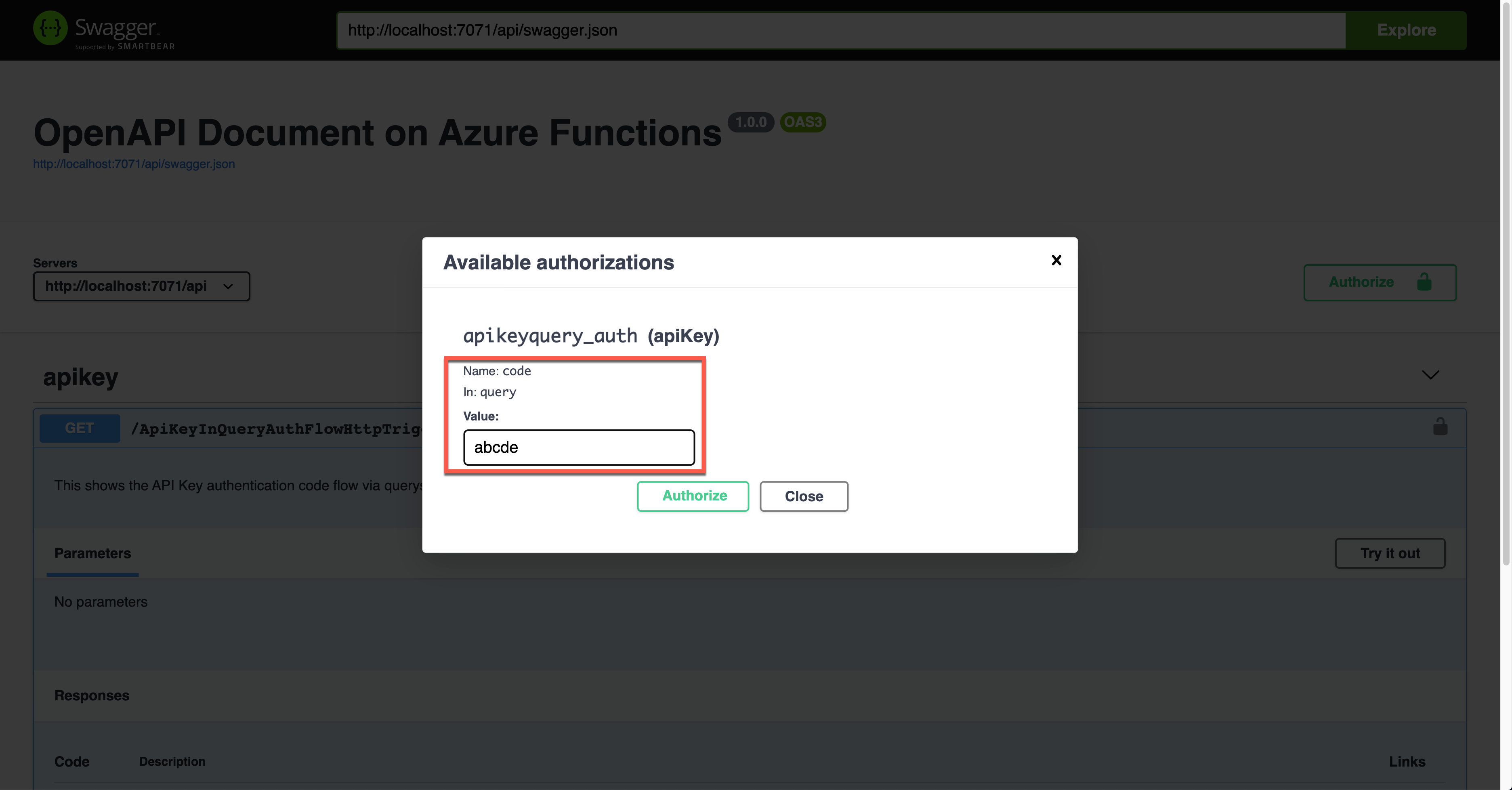 Swagger UI - Query - API Key