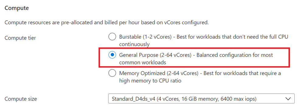 Figure 1: Screenshot from the Azure Portal, of the provisioning workflow for the Flexible Server option in Azure Database for PostgreSQL Compute + Storage blade. This is where you can select the compute tier (General purpose / Memory Optimized)