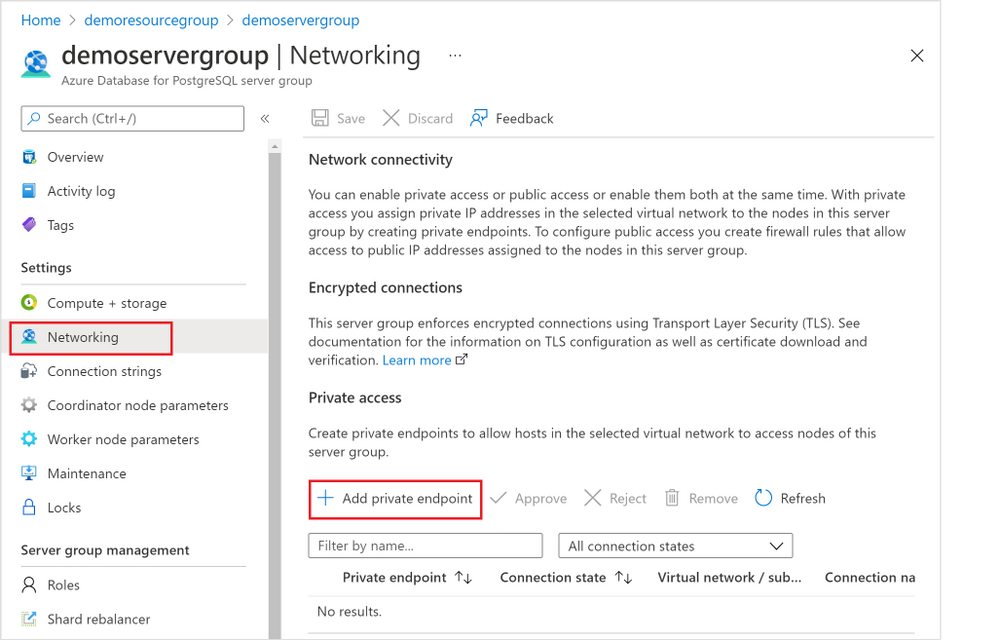 Figure 4: Screen capture from the Azure portal showing the “+ Add Private Endpoint” button in the Networking blade for Hyperscale (Citus) in the Azure Database for PostgreSQL managed service