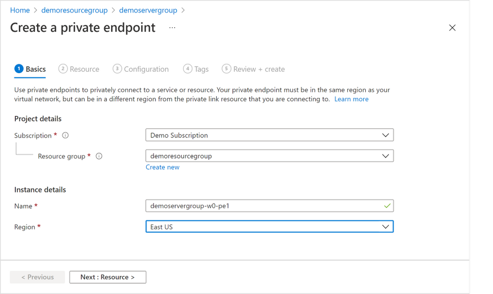 Figure 5: Screen capture from the Azure portal showing the “Basics” tab for the “Create a private endpoint” flow