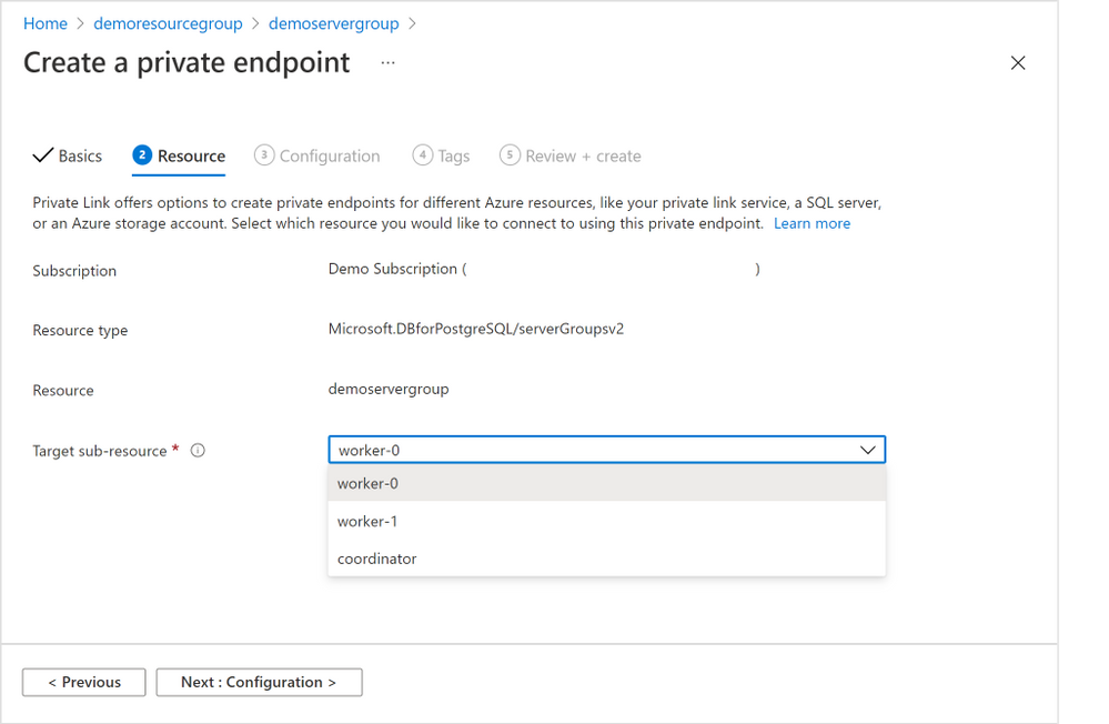 Figure 6: Screen capture from the Azure portal showing the “Resource” tab for the “Create a private endpoint” flow