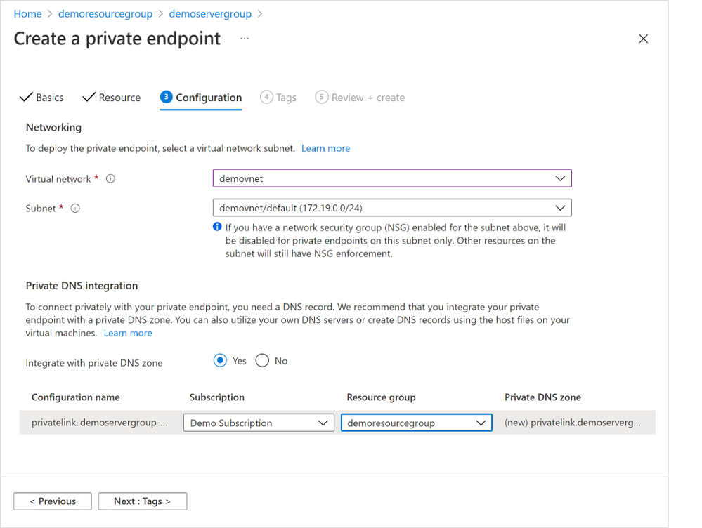 Figure 7: Screen capture from the Azure portal showing the “Configuration” tab for the “Create a private endpoint” flow